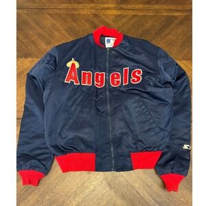 Vintage Starter California Angels MLB Satin Bomber Jacket Navy Red Large Mens |R